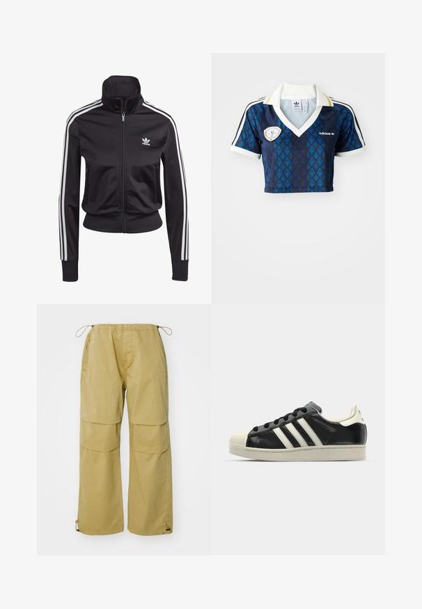 Must värviline sportlik jakk, mis on valmistatud sujuvast ja kergest kangast. Omab kõrget kraed, lukuga suletavust ja iga varruka peal kolm valget triipu.; Lühikesed sinise ja rohelise mustriga polo särk, millel on valge krae, valged varrukaääred ja embleem rinnal. Valmistatud kergest riidest.; Khaki värvi cargo püksid, laiad jalad, elastne vöökoht, eespool taskud ja reguleeritavad stringiga mansetid. Valmistatud kerge kangaga.; Must have nahkased mustad tossud valgete triipudega, kummist varbakattega, mustade paeltega ja kreemika värvusega tallaga. Sile tekstuur ja läikiv viimistlus.