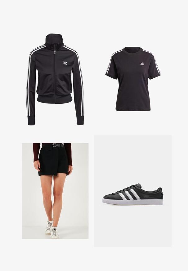 Chaqueta atlética negra hecha de una tela suave y ligera. Presenta un cuello alto, cierre con cremallera y tres rayas blancas en cada manga.; Camiseta de algodón negra de manga corta con cuello redondo, que presenta rayas blancas en los hombros y un pequeño logo blanco de Adidas en el pecho.; Pantalones cortos negros con un diseño de panel lateral, que cuentan con un bolsillo frontal y un cinturón. El modelo lleva zapatillas blancas con detalles grises. Textura suave.; Zapatilla de cuero negro con diseño de tres franjas blancas, puntera redondeada, suela de goma blanca plana y detalle de marca en el lateral.