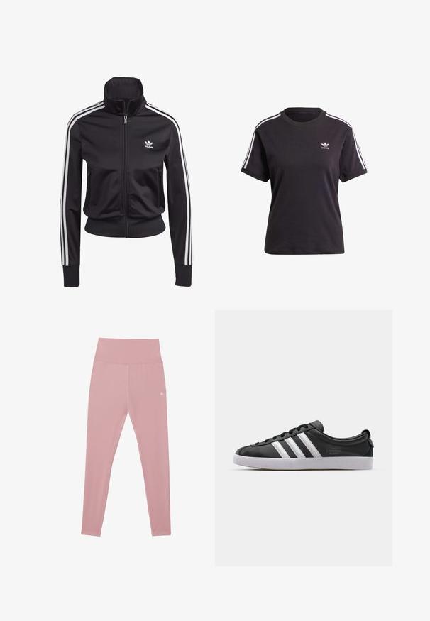 Casaco desportivo preto feito de um tecido liso e leve. Apresenta um colarinho alto, fecho de correr e três riscas brancas em cada manga.; T-shirt preto de algodão de mangas curtas com gola redonda, apresentando riscas brancas nos ombros e um pequeno logotipo branco da Adidas no peito.; Leggings rosa, de cintura alta, feitos de um tecido elástico, com uma textura suave e um pequeno detalhe de logotipo na cintura.; Sapatilha de couro preta com um design de três riscas brancas, bico arredondado, sola plana de borracha branca e detalhe da marca na lateral.