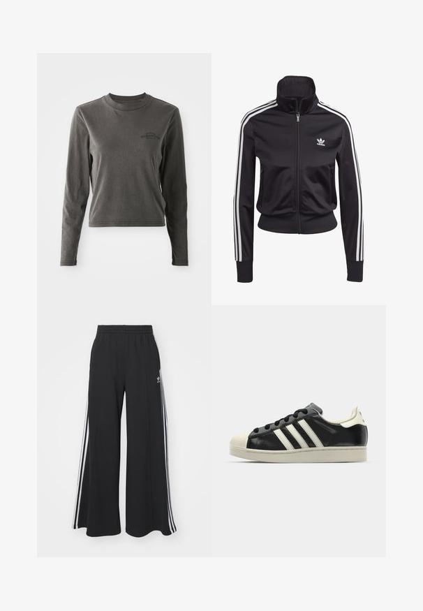 Fekete sportdzseki sima, könnyű anyagból. Magas gallérral, cipzáros záródással és mindkét ujjon három fehér csíkkal rendelkezik.; Hosszú ujjú szürke pamut póló, lekerekített nyakkivágással, amelyen egy kis fekete nyomtatott logó található a mellkasán, egyenes aljjal.; Fekete, bő szárú melegítőnadrág, rugalmas derékkal, fehér oldalsávokkal és hímzett logóval a bal combon.; Fekete bőrsneaker fehér csíkokkal, gumírozott orral, fekete fűzővel és krém színű talppal. Simaság és fényes felület jellemzi.