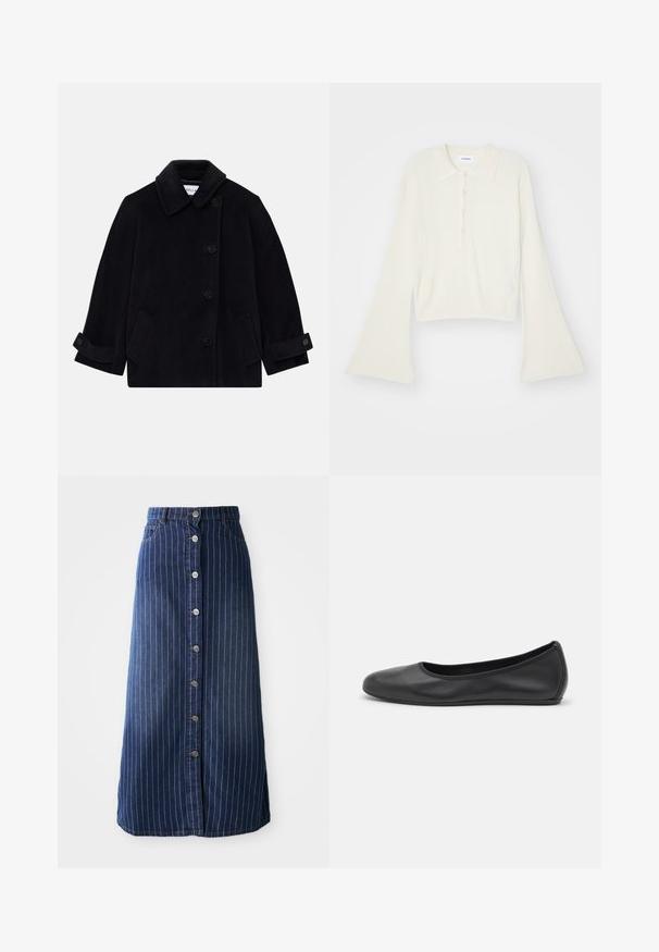 Tumesinine villane mantel, millel on krae, ühekordne nööbikinnitus, kaks küljetaskut ja nööpidega mansettide detail.; Kortsirkli, kreemivärvi polosärk, millel on pikad, laiendatud varrukad ja viis nööpi. Omab pehme tekstuuriga kraed.; Tume denim maxi seelik, millel on vertikaalsed valged triibud, eest nupuvajutus ja veidi laienev alumine äär. Omab viit nuppu ja kontrastset õmblust.; Musthave mustika tantsutossud mustast nahast, ümmarguse varbaga, siledast tekstuurist, minimaalse õmblusdetailiga ja paindliku tallakujundusega.