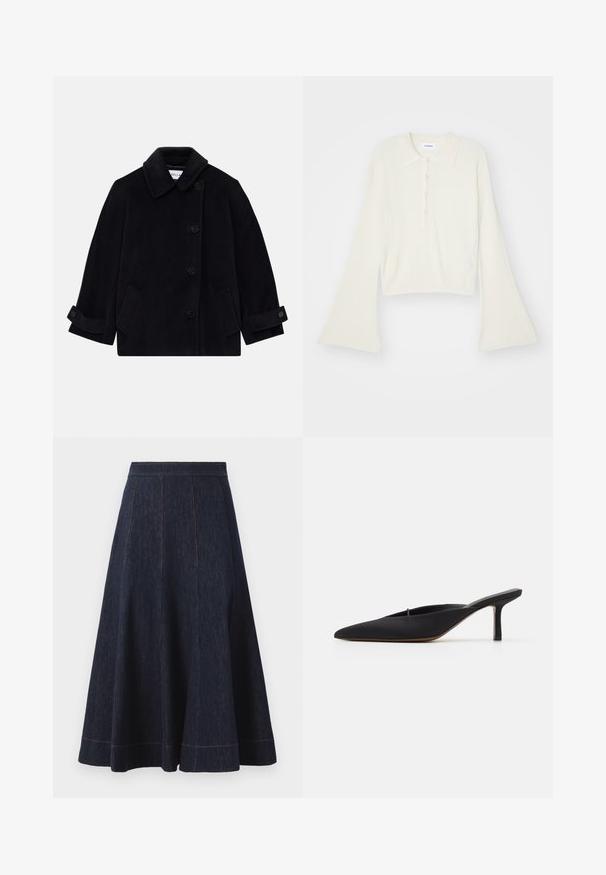Navyblauwe wollen jas met een kraag, enkelvoudige knoopsluiting, twee zijzakken en manchetten met knopen.; Geribbelde, crèmekleurige polo met lange, flare mouwen en een placket met vijf knopen. Beschikt over een kraag met een zachte textuur.; Donkerblauwe spijkerrok met een flared silhouet, met verticale naaddetails en contrasterende oranje stiksels langs de zoom.; Zwarte muiltje met spitse neus en een strak ontwerp, gemaakt van gladde stof, met een slanke hak en open achterkant voor gemakkelijk aan- en uittrekken.