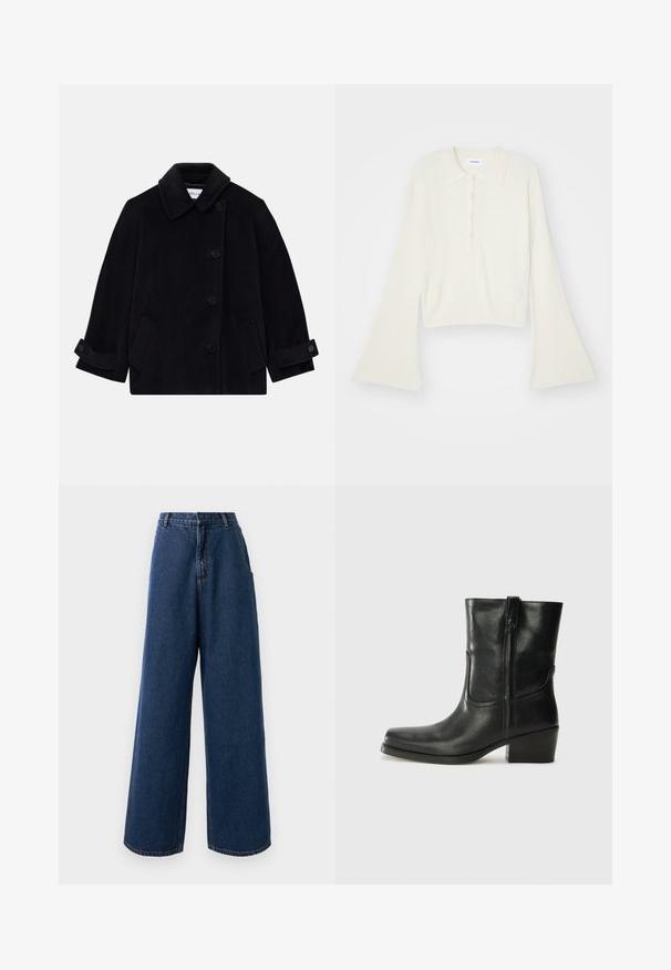 Námornícky modrý vlnený kabát s golierom, jednoradovým uzatváraním na gombíky, dvoma bočnými vreckami a manžetami s gombíkmi.; Ribovaný krémový polo tričko s dlhými rozpätými rukávmi a päťtlačidlovou légou. Obsahuje golier s jemnou textúrou.; Džíny s vysokým pásom a širokými nohavicami v tmavomodrej džínsovej látke s predným zapínaním na gombík a zips, pútkami na opasok a bočnými vreckami.; Čierne kožené členkové topánky s okrúhlou špičkou, blokovým podpätkom, bočným zipsom a prešívaním na priehlavku. Hladká textúra, klasický dizajn.