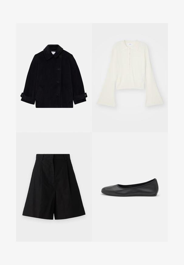 Tumesinine villane mantel, millel on krae, ühekordne nööbikinnitus, kaks küljetaskut ja nööpidega mansettide detail.; Kortsirkli, kreemivärvi polosärk, millel on pikad, laiendatud varrukad ja viis nööpi. Omab pehme tekstuuriga kraed.; Mustad kõrge vöökohaga lühikesed püksid pleated disainiga, külgedel taskud ja siledast kangast tekstuur. Puhtad jooned ja kohandatud lõige.; Musthave mustika tantsutossud mustast nahast, ümmarguse varbaga, siledast tekstuurist, minimaalse õmblusdetailiga ja paindliku tallakujundusega.