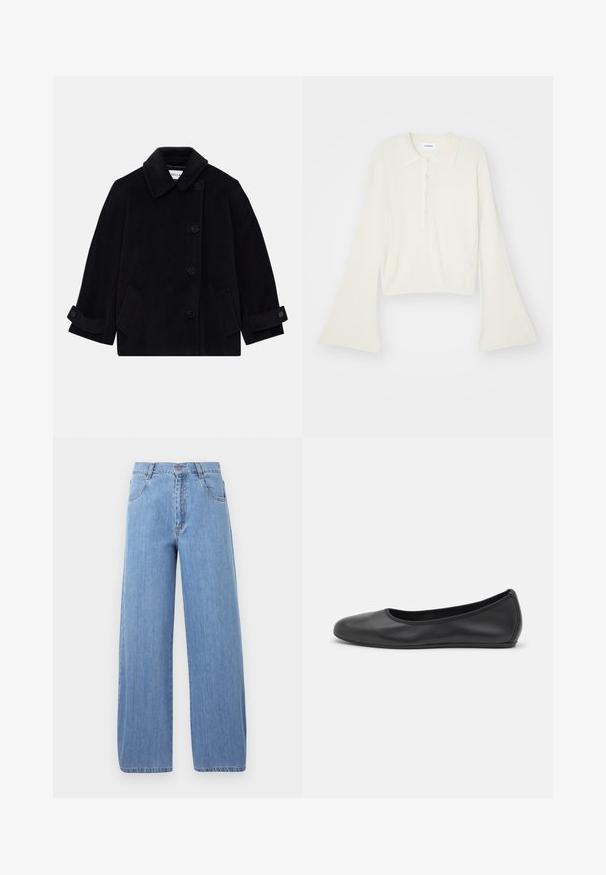 Námornícky modrý vlnený kabát s golierom, jednoradovým uzatváraním na gombíky, dvoma bočnými vreckami a manžetami s gombíkmi.; Ribovaný krémový polo tričko s dlhými rozpätými rukávmi a päťtlačidlovou légou. Obsahuje golier s jemnou textúrou.; Svetlomodré široké džínsy vyrobené z denimu, s vysokým pásom, prednými vreckami a jemnými švovými detailmi.; Čierne kožené baleríny s okrúhlou špičkou, hladkým povrchom, minimálnym prešívaním a flexibilným dizajnom podrážky.