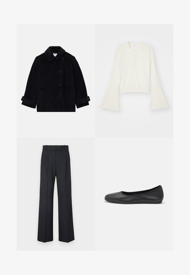 Navy blue wool coat featuring a collar, single-breasted button closure, two side pockets, and cuff detail with buttons.; Ribbed, cream-colored polo shirt with long, flare sleeves and five button placket. Features a collar with a soft texture.; Dark blue pinstriped trousers with a high waist, wide leg design, and no visible hardware or embellishments. Smooth texture and tailored fit.; Black leather ballet flat with a rounded toe, smooth texture, minimal stitching detail, and a flexible sole design.