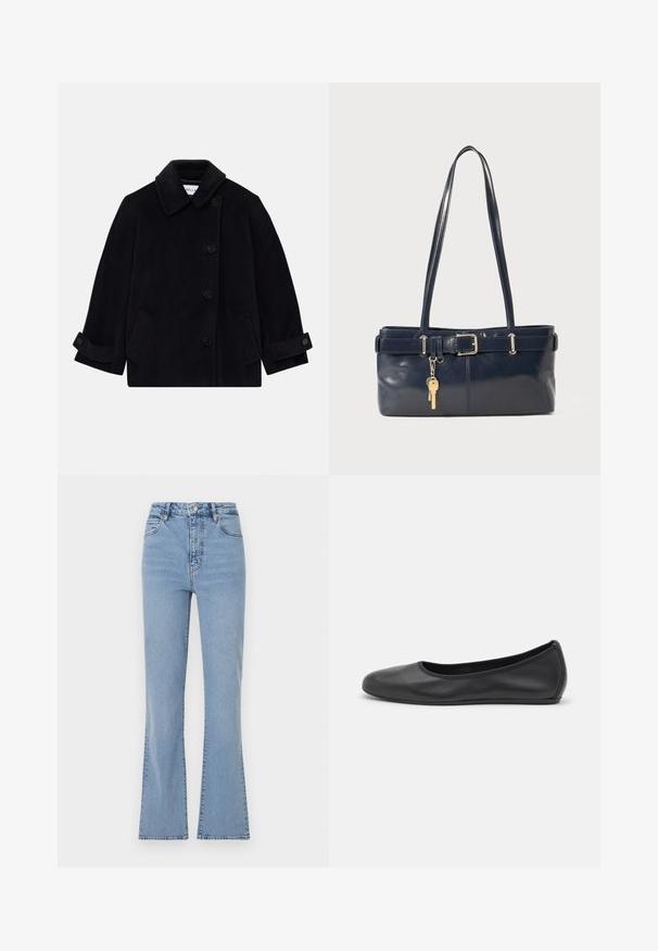 Navy blue wool coat featuring a collar, single-breasted button closure, two side pockets, and cuff detail with buttons.; Ribbed, cream-colored polo shirt with long, flare sleeves and five button placket. Features a collar with a soft texture.; Light blue flared jeans with a high waist, made from denim. Features a front button and zip closure, and visible stitching along the seams.; Black leather ballet flat with a rounded toe, smooth texture, minimal stitching detail, and a flexible sole design.; Navy leather handbag with two long handles, a buckle detail, and a keychain attached. Features a smooth texture and a rectangular shape.