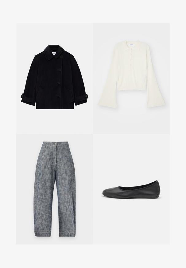 Tummansininen villatakki, jossa on kaulus, napitettava yksirivinen suljenta, kaksi sivutaskua ja napilla varustettu hihadetail.; Raitaleva, kerma värinen polo-paita pitkillä, levenevillä hihoilla ja viiden napin listalla. Varustettu pehmeätekstuurisella kauluksella.; Yksinkertaiset, tummansiniset, leveälahkeiset housut, joissa on teksturoitu kangas ja hienovarainen kuvio. Ominaisuuksiin kuuluu etupainikekiinnitys ja ommeltuja helma yksityiskohtia.; Musta nahkainen ballerina, jossa on pyöristetty kärki, sileä pinta, minimaalinen ommelkoristelu ja joustava pohjamuotoilu.