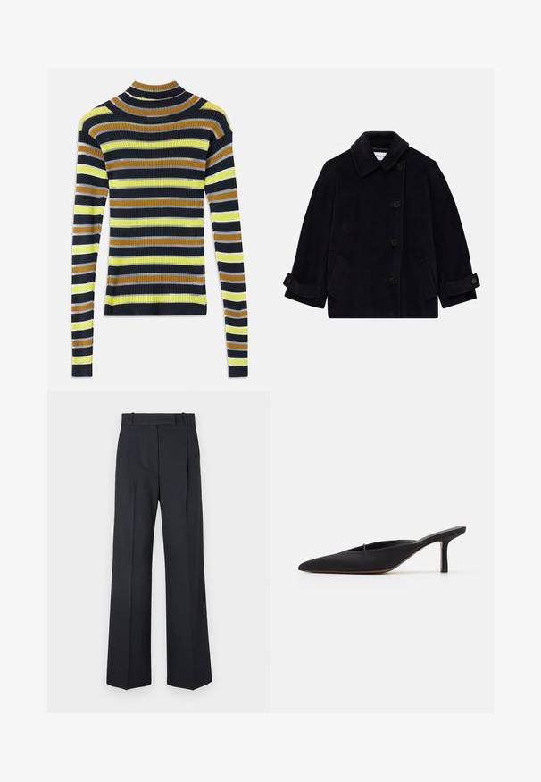 Navy blue wool coat featuring a collar, single-breasted button closure, two side pockets, and cuff detail with buttons.; Long-sleeve ribbed knit sweater with horizontal stripes in black, brown, yellow, light gray, and white on a white background.; Dark blue pinstriped trousers with a high waist, wide leg design, and no visible hardware or embellishments. Smooth texture and tailored fit.; Black pointed-toe mule with a sleek design, made of smooth fabric, featuring a slender heel and open back for easy wear.