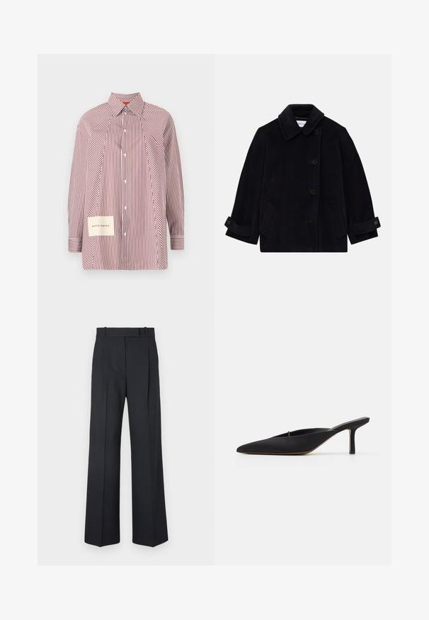 Navy blue wool coat featuring a collar, single-breasted button closure, two side pockets, and cuff detail with buttons.; Striped button-up shirt in red and white with long sleeves, a collar, and a patch featuring coordinates on the lower left side.; Dark blue pinstriped trousers with a high waist, wide leg design, and no visible hardware or embellishments. Smooth texture and tailored fit.; Black pointed-toe mule with a sleek design, made of smooth fabric, featuring a slender heel and open back for easy wear.