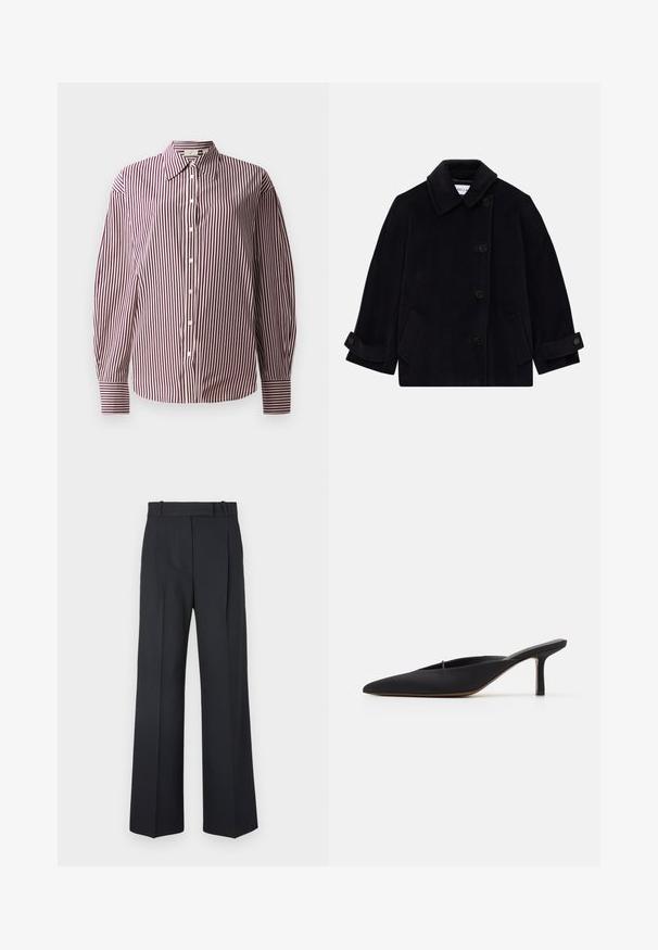Navy blue wool coat featuring a collar, single-breasted button closure, two side pockets, and cuff detail with buttons.; Long-sleeved button-up shirt featuring a maroon and white vertical striped pattern, with a classic collar and cuffed sleeves.; Dark blue pinstriped trousers with a high waist, wide leg design, and no visible hardware or embellishments. Smooth texture and tailored fit.; Black pointed-toe mule with a sleek design, made of smooth fabric, featuring a slender heel and open back for easy wear.