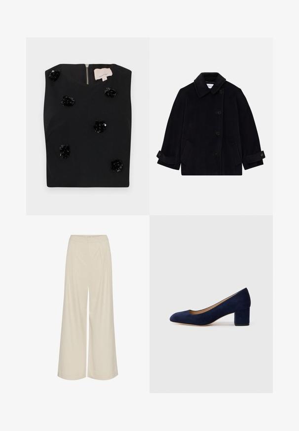 Tengerészkék gyapjúdzseki, amelynek gallérja, egy gombos zárása, két oldalsó zsebe és gombos mandzsettája van.; Fekete ujjatlan felső négyzetes dekoltázzsal, flitteres virágos applikációkkal és hátsó cipzárral. Sima textúrájú anyag. Kicsi méret.; Széles szárú nadrág, világos bézs színű anyagból, pliszírozással, magas derékkal és sima textúrával, látható díszítések nélkül.; Tengerészkék velúr, hegyes orrú pumpa, középmagas tömbsarkúval. Simítású felület finom fénylő hatással, elöl egy kis kivágással.