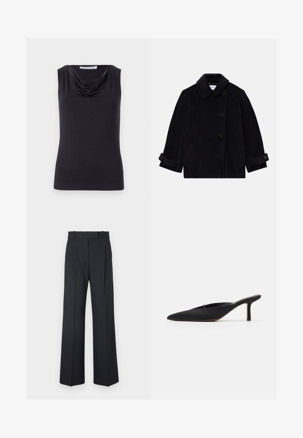 Navy blue wool coat featuring a collar, single-breasted button closure, two side pockets, and cuff detail with buttons.; Black sleeveless top with a draped cowl neckline. Soft, smooth fabric, fitted design, and hemline slightly curved at the bottom.; Dark blue pinstriped trousers with a high waist, wide leg design, and no visible hardware or embellishments. Smooth texture and tailored fit.; Black pointed-toe mule with a sleek design, made of smooth fabric, featuring a slender heel and open back for easy wear.