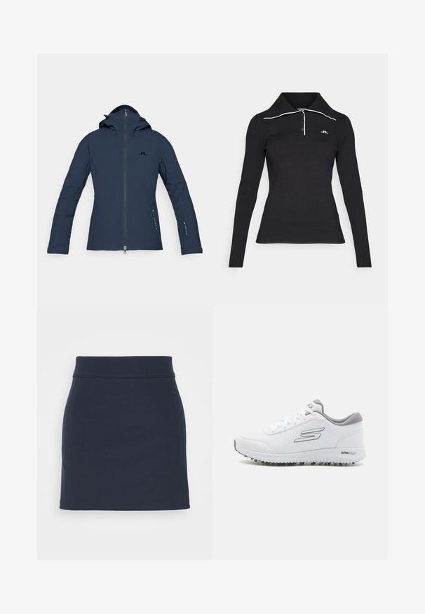 Mørkeblå isolert jakke med hette, frontglidelås og glidelåslommer på siden. Har en subtil logo og robust stofftekstur.; Svart langermet polo skjorte med ribbet tekstur, tre-knappslukking og kontrasterende hvit krage. Logo brodert på brystet.; Mørkeblå miniskjørt laget av stretchy stoff, med en glatt tekstur, figurtilpasset design og en bred livlinje med rene sømdetaljer.; Hvite joggesko med et teksturert mesh-overdel, sølvfargede detaljer og en lett såle med små grep-studser, merket "ULTRA FLIGHT."