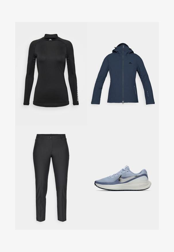 Navy blue insulated jacket with a hood, front zipper, and zippered side pockets. Features a subtle logo and sturdy fabric texture.; Black long-sleeve shirt with a high collar, made from smooth fabric. Features subtle stitching and logo on the sleeve. Slim fit design.; Black tailored trousers with a smooth texture, featuring a button closure, zip fly, and two side pockets. Slim fit with tapered legs.; Light blue and white Nike running shoe with silver swoosh, breathable mesh upper, cushioned sole, and black outsole tread.