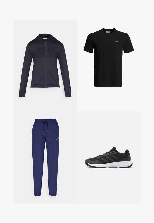 Marinblå zip-up hoodie med ett strukturerat övre panel, dragsko i huvan, sidosnören och ribbade muddar. Tillverkad av ett lätt och flexibelt material.; Svart bomull t-shirt med rundad halsringning, korta ärmar och en liten grön krokodil-logotyp på vänster bröst. Slät textur, avslappnad design.; Marina blå sportbyxor gjorda av lätt material. Har ett elastiskt midjeband med snörning och en liten logotyp på låret.; Svart idrottssko med en texturerad ovandel, tre horisontella ränder och en vit sula med ett mönstrat grepp. Lätt och strömlinjeformad design.