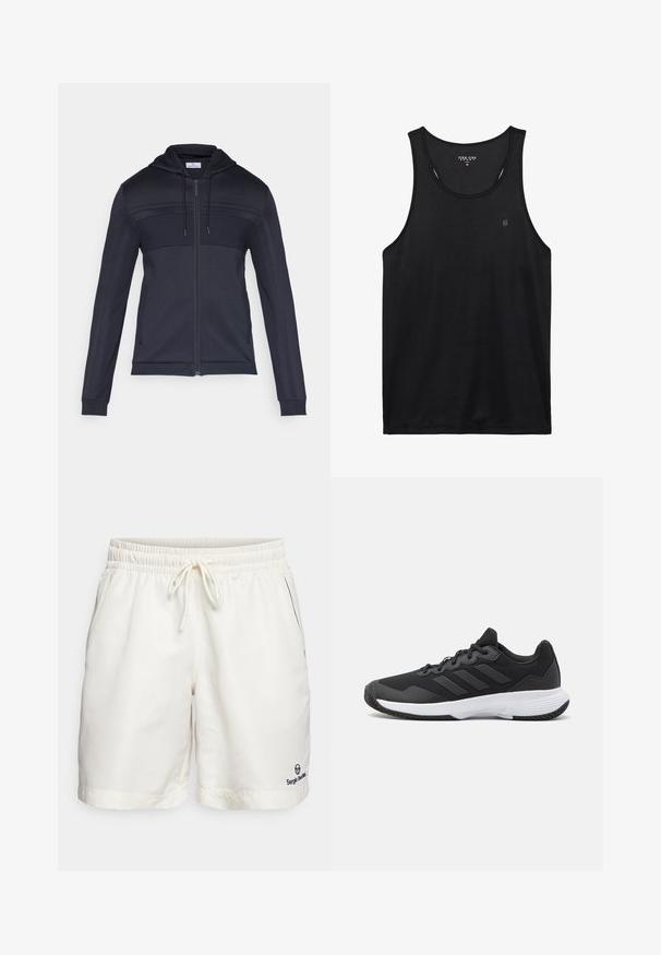 Marineblauer Kapuzenpullover mit Reißverschluss, strukturiertem Oberteil, Kordelzugkapuze, Seitenstreifen und gerippten Bündchen. Hergestellt aus leichtem, flexiblem Material.; Schwarzes Tanktop mit rundem Ausschnitt und ärmellosem Design. Aus weichem Stoff gefertigt, mit einem kleinen Logo auf der linken Brust und sauberem Nähen.; Sergio Tacchini ROB - Kurze Sporthose - gardenia/navy; Schwarzer Sportschuh mit strukturiertem Obermaterial, drei horizontalen Streifen und einer weißen Sohle mit einem gemusterten Profil. Leicht und schlank im Design.