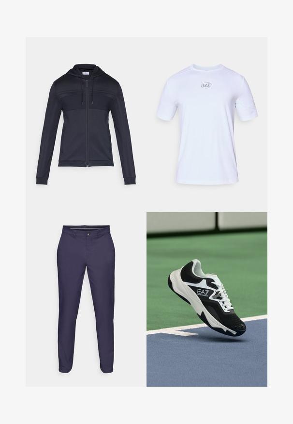 Tmavě modrá mikina s kapucí a zipem, s texturovaným horním panelem, stahovací kapucí, bočními pruhy a žebrovanými manžetami. Vyrobena z lehkého, pružného materiálu.; Bílá krátkosrstá sportovní triko vyrobené z lehkého, prodyšného síťovaného materiálu. Obsahuje kulatý výstřih a oblíbené logo EA7 na hrudi.; Námořnické modré slim-fit kalhoty s zapínáním na knoflík a zip, poutky na opasek a zúženými nohavicemi na bílém pozadí.; Černobílá teniska EA7 Emporio Armani zavěšená nad modrými a zelenými čarami tenisového kurtu.