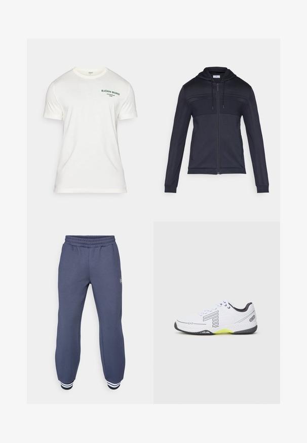 Marinblå zip-up hoodie med ett strukturerat övre panel, dragsko i huvan, sidosnören och ribbade muddar. Tillverkad av ett lätt och flexibelt material.; Vit bomullst-shirt med korta ärmar, rund halsringning och grön tryckt logotyp "BJÖRN BORG STOCKHOLM 1986" på vänster bröst.; Mörkblå sweatpants i mjukt tyg, med elastisk midja och ribbade muddar med vita ränder vid anklarna; subtil texturerad mönstring.; Vita atletiska skor med svarta accenter och grå detaljer. Har en texturerad ovandel, snörningar och en ljusgul sula.