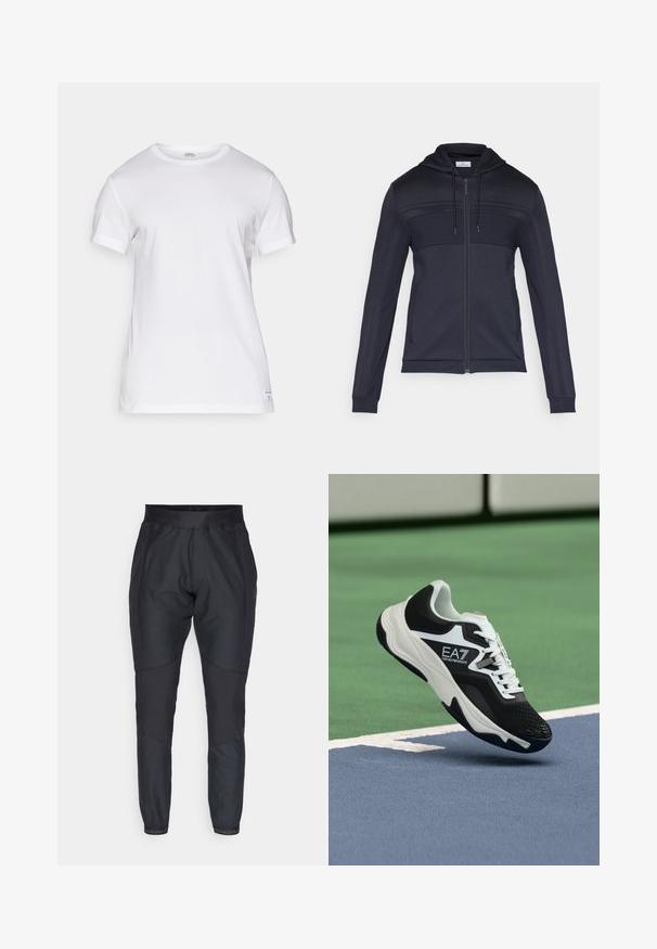 Laivastonsininen vetoketjullinen huppari, jossa on kuvioitu yläpaneeli, kiristysnauhalla varustettu huppu, sivuraidat ja resorit hihansuissa. Valmistettu kevyestä, joustavasta materiaalista.; Valkoinen puuvillapaita lyhyillä hihoilla, pyöreällä kaula-aukolla ja suoreratkaisulla. Paita on varustettu pienellä brändilapulla vasemmassa helmaassa. Pehmeä rakenne.; Musta urheiluhousut, joissa on kapenevat lahkeet, joustava vyötärö ja kontrastisia tekstuuripaneeleja. Farkuissa on logo-yksityiskohtia lahkeiden lähellä.; Musta-valkoinen EA7 Emporio Armani -lenkkari roikkuu sinisten ja vihreiden tenniskentän viivojen yllä.