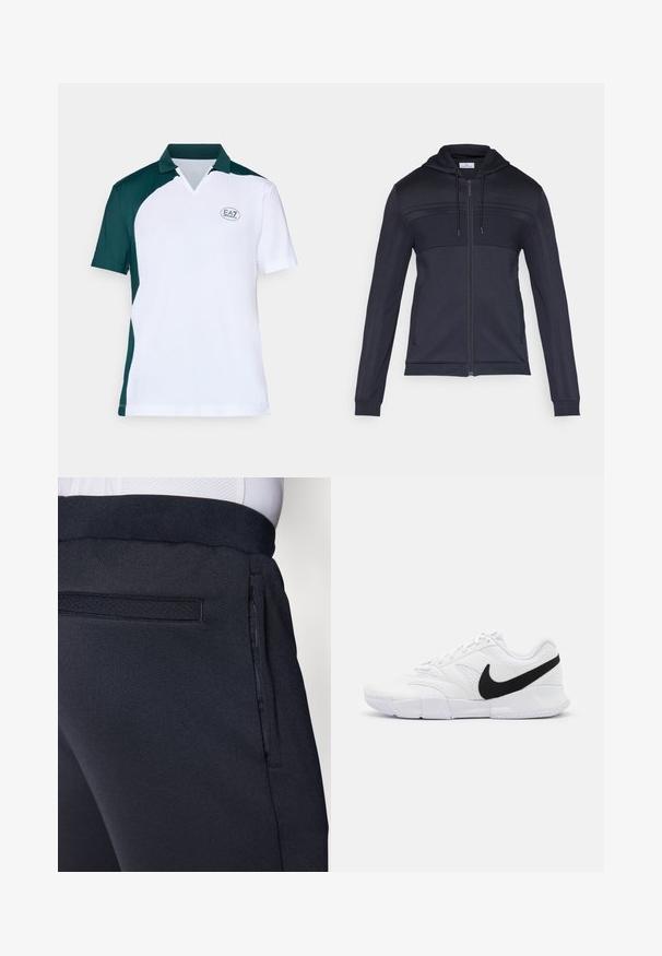 Marineblå hettegenser med glidelås, teksturert øvre panel, snor til hette, sidestriper og ribbede mansjetter. Laget av et lett og fleksibelt materiale.; Kortermet polo skjorte med grønn krage og sidepaneler, hvit kropp og teksturert stoff. Viser EA7-logoen på brystet.; Mørkeblå treningsbukser med mykt, teksturert stoff, elastisk midjebånd og en sidelomme med glidelås for praktisk oppbevaring.; Hvite joggesko med teksturert overdel, svart Nike-svaff, polstret krage og en solid gummiyttersåle med mønstrede spor.