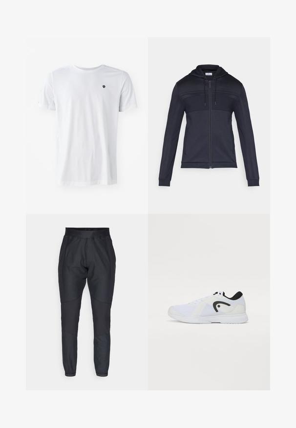 Laivastonsininen vetoketjullinen huppari, jossa on kuvioitu yläpaneeli, kiristysnauhalla varustettu huppu, sivuraidat ja resorit hihansuissa. Valmistettu kevyestä, joustavasta materiaalista.; Valkoinen lyhythihainen T-paita, joka on valmistettu sileästä kankaasta. Paita sisältää pienen mustan logon rinnassa ja hienovaraisia yksityiskohtia olkapäillä.; Musta urheiluhousut, joissa on kapenevat lahkeet, joustava vyötärö ja kontrastisia tekstuuripaneeleja. Farkuissa on logo-yksityiskohtia lahkeiden lähellä.; Valkoiset urheilukengät, joissa on verkkomateriaali yläosassa, tekstuuriset yksityiskohdat, mustat korostukset, pyöreä kärki ja litteä kumipohja. Minimalistinen muotoilu, nauhakiinnitys.