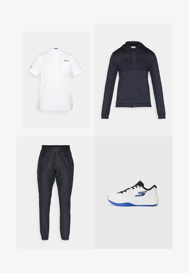 Marineblauwe hoodie met rits, voorzien van een getextureerd bovenpaneel, trekkoordkap, zijkstrepen en geribde manchetten. Gemaakt van een lichtgewicht, flexibel materiaal.; Witte polo shirt gemaakt van katoen met korte mouwen, een puntige kraag, een drieknoopsluiting en een borstzak. Bevat een geborduurd logo.; Zwarte sportbroek met taps toelopende benen, elastische tailleband en contrasterende textuurpanelen. Beschikt over logodetails dicht bij de boorden.; Witte sportschoenen met blauwe accenten en zwarte veters. Heeft mesh-panelen en een gevoerde zool voor ondersteuning en comfort.
