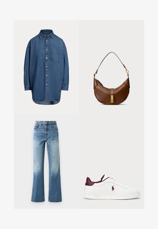 Fekete bőr rövidített dzseki, hegyes gallérral, elöl cipzárral, és két gombos patenttal díszített zsebbel. Simább tapintású, steppelt részletekkel.; Fekete kötött kardigán kábelmintával, öt arany gombbal és két elülső zsebbel. Bordázott szegély és mandzsetták.; Sötétkék farmering, gombos kivitelben. Tartalmaz egy mellzsebet, hosszú ujjú, és laza szabású. Finom varrási részletek a varratok mentén.; Fehér pamut póló, amelyen egy fekete kabátot és sapkát viselő mesebeli medve látható, sárga garbóval és fekete cipővel. A szöveg: "Polo Bear by Ralph Lauren".; Világoskék, magas derekú farmernadrág, széles szárú fazonnal, kopott textúrával, öt zsebbel és fém gombos záródással.; Fehér bőr sportcipő bordó részletekkel, kerek orr, dombornyomott logó és lapos fűzők. Texturált talp és sima felületű részletek.; Barna bőr válltáska ívelt formával, arany kiegészítőkkel, felső zár részlettel és logóval díszítve. Simább textúra és varrott szélek.