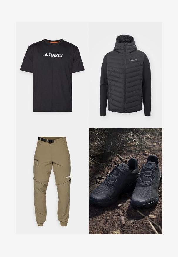 Casaco preto com capuz, apresentando um painel frontal acolchoado e mangas lisas, feito de uma mistura de materiais. Logótipo no lado superior esquerdo.; Camiseta preta de manga curta feita de tecido macio, com decote redondo e o logótipo branco "TERREX" no peito.; Calças de exterior em caqui com um cinto preto ajustável, bolsos com fecho, punhos ajustados e pernas inferiores destacáveis para um estilo versátil.; Sapatilhas atléticas pretas com um cabedal de malha texturizada, biqueira reforçada e sola acolchoada, expostas sobre um solo terroso com ramos espalhados.
