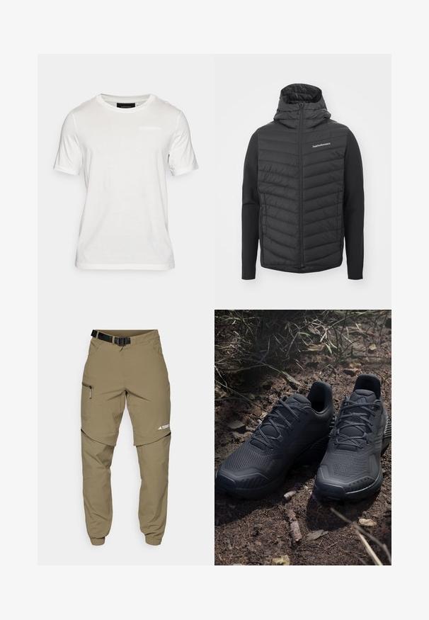 Must mustaga, millel on tikkpind ja siledad varrukad, valmistatud erinevate materjalide segust. Logo vasakul ülemisel küljel.; Valge lühikeste varrukatega t-särk, mis on valmistatud pehmest kangast. Omab ümmargust kaelust ja peent brändingu detaili keskel ees.; Khaki välisin püksid, millel on reguleeritav must vöö, lukuga taskud, kitsenevad sääreotsad ja eemaldatavad alumised sääred mitmekesiste stiilide jaoks.; Mustad mustes spordijalanõud tekstuurse kudumisega pealisosa, tugevdatud varvas ja pehmendusega tallad, laotud maapinnale, kus on hajutatud oksakesi.