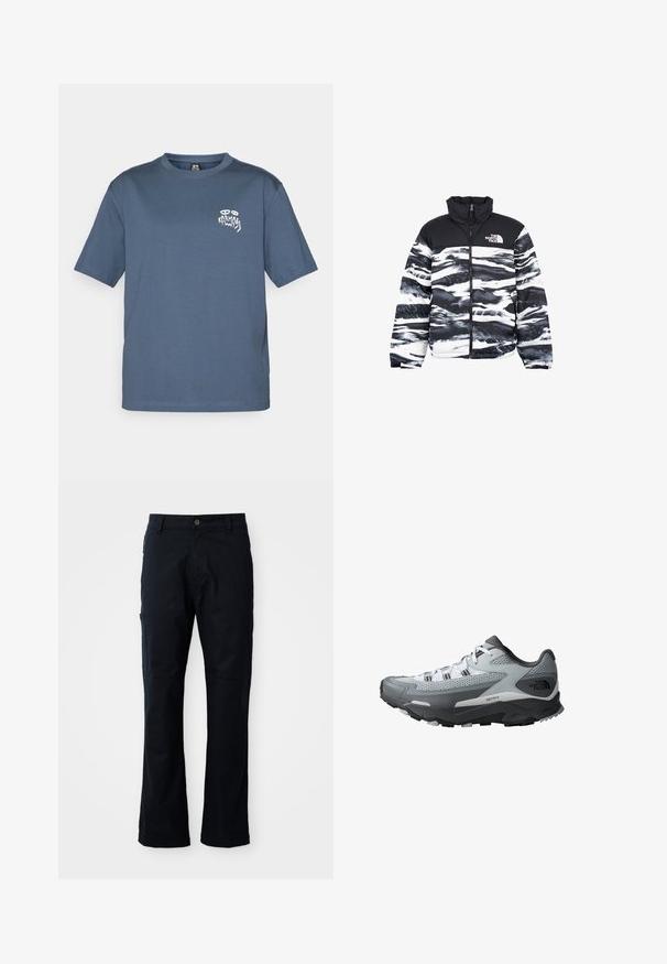 Giacca a vento con motivo astratto in bianco e nero. Presenta un colletto alto, zipper frontale e logo sul lato sinistro del petto. Texture trapuntata.; T-shirt blu a girocollo con maniche corte e piccolo logo grafico bianco sulla parte sinistra del petto.; Pantaloni blu scuro in misto cotone, con taglio dritto, tasca laterale con zip e dettagli di cucitura sottili.; Scarpa da trail running con una combinazione di colori grigio e nero, materiale superiore in rete, suola resistente e accenti testurizzati per migliorare la presa.