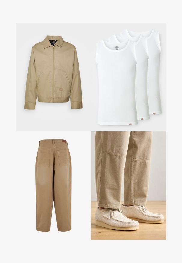 Béžová bavlněná bunda se zipovým zapínáním, límcem s špičatým střihem, bočními kapsami a logem. Vyznačuje se strukturovanou siluetou a lemem.; Tři bílé tílka vyrobené ze žebrované bavlny. Každé má kulatý výstřih a malou logo nášivku na lemu. Klasický, jednoduchý design.; Béžové bavlněné kalhoty s volným střihem, které mají dvě zadní kapsy a štítek na pase. Tkanina má hladkou texturu a minimální detaily.; Bílé texturované boty s mačkaným vzorem, šněrovací design a béžová gumová podrážka, spárované se světle hnědými kalhotami uvolněného střihu.