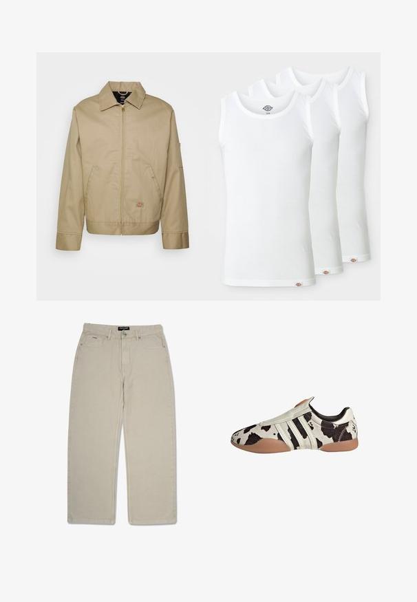 Bež jakna od pamuka s patentnim zatvaračem, s ovratnikom, bočnim džepovima i logotipom. Ima strukturiranu siluetu i rub.; Tri bijele majice bez rukava od rebrastog pamuka. Svaka ima okrugli izrez i mali logotip na rubu. Klasičan, jednostavan dizajn.; Bež hlače ravnog kroja od pamuka. Imaju dva prednja džepa i mali stražnji džep. Duple šavove za veću izdržljivost.; Cipele od kože s bijelo-crnim uzorkom i teksturiranim završetkom, s tri bijele horizontalne pruge i smešnim gumenim potplatom.