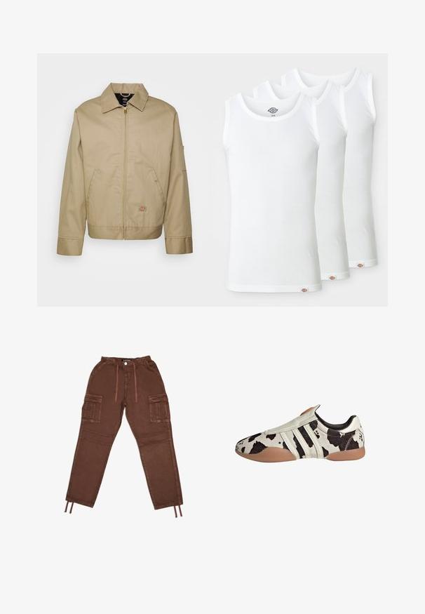 Giacca in cotone beige con chiusura a zip, colletto a punta, tasche laterali e patch con logo. Presenta una silhouette strutturata e un orlo definito.; Tre canotte bianche in cotone rigato. Ognuna ha un collo rotondo e un piccolo logo cucito sull'orlo. Design classico e semplice.; Pantaloni cargo marroni con vita elastica, due grandi tasche laterali, polsini con coulisse e texture liscia. Caratterizzati da una chiusura con bottone.; Scarpe in pelle nere e bianche con un motivo a stampa, caratterizzate da una finitura testurizzata, tre righe orizzontali bianche e una suola in gomma marrone.