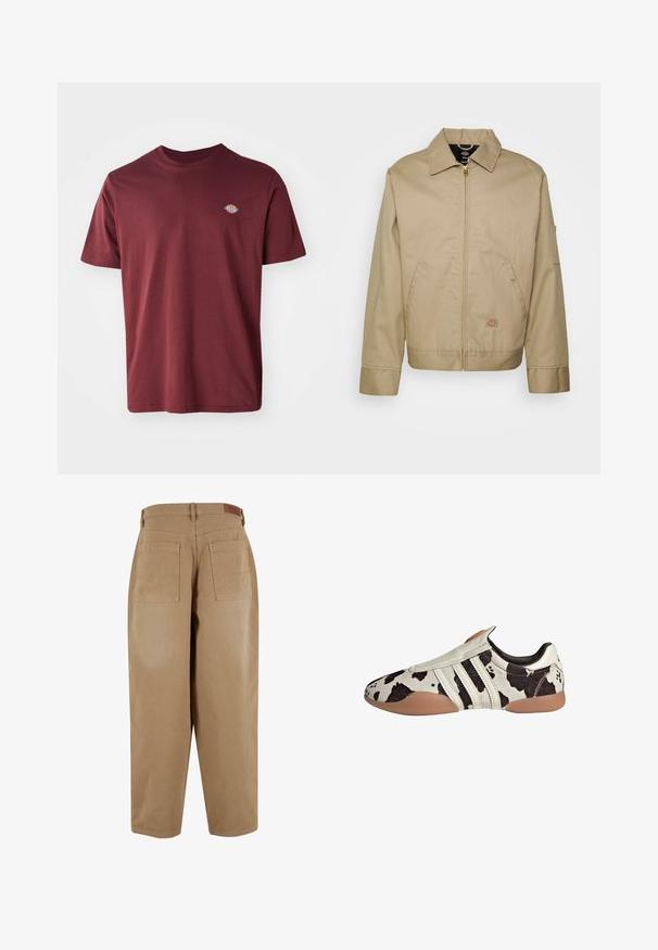 Beige cotton jacket with a zip closure, point collar, side pockets, and logo patch. Features a structured silhouette and hemline.; Burgundy cotton t-shirt with a crew neckline, short sleeves, and a small circular brand logo embroidered on the left chest.; Beige cotton trousers with a loose fit, featuring two back pockets and a waistband tag. The fabric has a smooth texture and minimal detailing.; White and black patterned leather shoes with a textured finish, featuring three white horizontal stripes and a brown rubber sole.