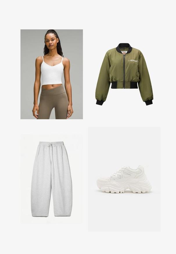 Ed Hardy CITY NIGHT CROPPED  - Bomber Jacket - green; White cropped tank top with thin straps, featuring a v-neckline. Paired with high-waisted, light brown leggings. Smooth fabric texture.; Light grey sweatpants with a relaxed fit, elastic waistband, drawstring, and side pockets; made from soft, textured fabric.; White chunky sneakers featuring a textured upper, mesh panels, and thick rubber soles with prominent tread pattern. Laces and pull tab included.