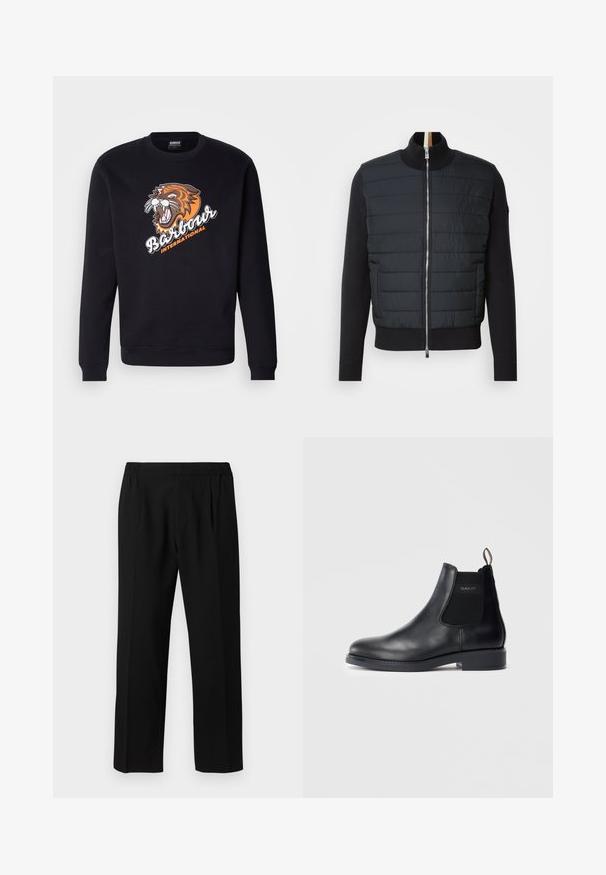 Mustas jope, millel on tikitud eesmine osa, kõrge kaelus ja tõmbluku sulgemine. Valmistatud isoleerivast materjalist, millel on soonilised mansetid ja ääred, omades samas stiilset disaini.; Must tungadega must sweatshirth, millel on soonte sooned ja soonte ääred, mille esipinnal on suur tiigri graafika ja tekst "Barbour International".; Mustadest kangast püksid, millel on sile kude, elastne vöökohus, sirge jala disain ja kaks esist pikendust, et lisada detaili.; Mustad musta nahast Chelsea saabas elastsete külgpaneelidega, madalama kontsaga, tõmbluku tabiga kandmisel ja GANT logo välisel paneelil.