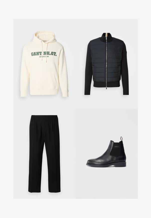 Črna jakna z qiltanim sprednjim delom, visokim ovratnikom in zadrgo. Narejena iz izolativnega materiala z rebrastimi manšetami in obodom, ki se ponaša z elegantnim dizajnom.; Kremna dukserica s kengurovim dzepom, kapuljačom s čipkom i zelenim otiskom "GANT NH. CT." i "SPORTS CLUB" na prednjem delu.; Črne hlače iz gladkega materiala, z elastiko v pasu, ravnim krojem nog in dvema prednjima pregiboma za dodaten poudarek.; Črne usnjene Chelsea škornje z elastiko na straneh, nizko peto, zanko na peti in logotip GANT na zunanji strani.