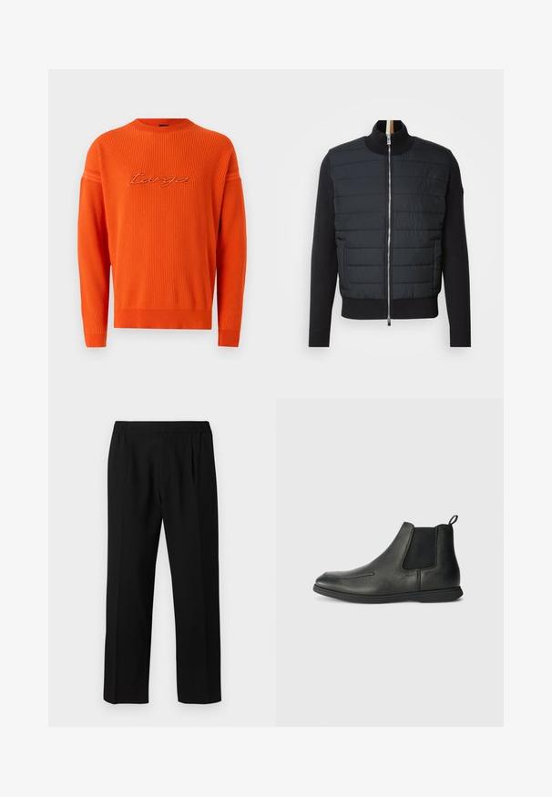 Jachetă neagră cu partea din față matlasată, guler înalt și închidere prin fermoar. Fabricată din material izolat, cu manșete și tiv cu nervuri, având un design elegant.; Pulover tricotat portocalie cu textură canelată, decolteu rotund și detaliu brodat cu logo. Are mâneci lungi și o croială lejeră.; Pantaloni negri dintr-un material neted, cu un brâu elastic, design cu picioare drepte și două pliuri frontale pentru un detaliu suplimentar.; Bocanci din piele neagră până la gleznă, cu o textură netedă, panouri laterale elastice și o bandă de tras la spate. Vârf rotund și talpă din cauciuc.