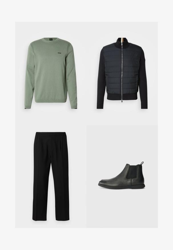 Czarna kurtka z pikowanym przodem, wysokim kołnierzem i zapięciem na zamek. Wykonana z materiału izolacyjnego, z dzianinowymi mankietami i dołem, charakteryzująca się eleganckim wyglądem.; Jasnozielony sweter z dzianiny z długimi rękawami, okrągłym dekoltem, prążkowanymi akcentami oraz czarnym logo "BOSS" na piersi. Gładka tekstura.; Czarne spodnie wykonane z gładkiego materiału, z elastycznym paskiem, prostym krojem nogawek i dwoma fałdami z przodu dla dodatkowego efektu.; Czarne skórzane botki za kostkę o gładkiej fakturze, z elastycznymi bokami i pętelką z tyłu. Okrągły nos i gumowa podeszwa.