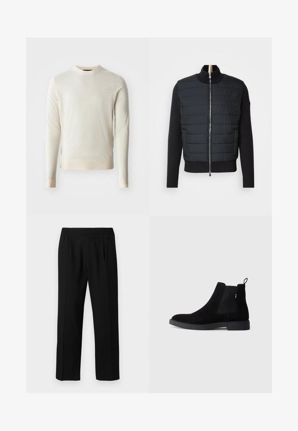 Black jacket with a quilted front, high collar, and zip closure. Made of insulated material with ribbed cuffs and hem, featuring a sleek design.; Light beige knit sweater with long sleeves and a round neckline. Textured fabric with a smooth finish, featuring a ribbed hem and cuffs.; Black trousers made of a smooth fabric, featuring an elastic waistband, straight leg design, and two front pleats for added detail.; Black suede Chelsea boots with elastic side panels, rounded toe, and a low rubber sole. Features a pull tab on the back for easy wear.