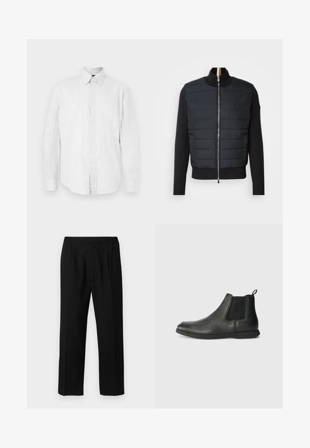 Black jacket with a quilted front, high collar, and zip closure. Made of insulated material with ribbed cuffs and hem, featuring a sleek design.; White long-sleeve button-up shirt with thin vertical gray stripes and a pointed collar against a white background.; Light green long-sleeve t-shirt made of soft fabric. Features a crew neck and a small "BOSS" logo embroidered on the chest.; Black trousers made of a smooth fabric, featuring an elastic waistband, straight leg design, and two front pleats for added detail.; Black leather ankle boots with a smooth texture, elastic side panels, and a pull tab at the back. Rounded toe and rubber sole.