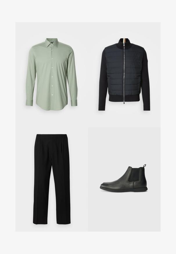 Černá bunda s prošívaným předním dílem, vysokým límcem a zipovým uzávěrem. Vyrobena z izolačního materiálu s žebrovanými manžetami a lemem, s elegantním designem.; Světle zelená pánská košile s dlouhým rukávem a špičatým límcem, s bílými knoflíky vpředu, vystavená na jednobarevném pozadí.; Černé kalhoty vyrobené z hladké tkaniny, s elastickým pasem, rovnými nohavicemi a dvěma předními záhyby pro zvýšení detailu.; Černé kožené kotníkové boty s hladkým povrchem, elastickými bočními panely a poutkem na zadní straně. Oblý špička a gumová podrážka.