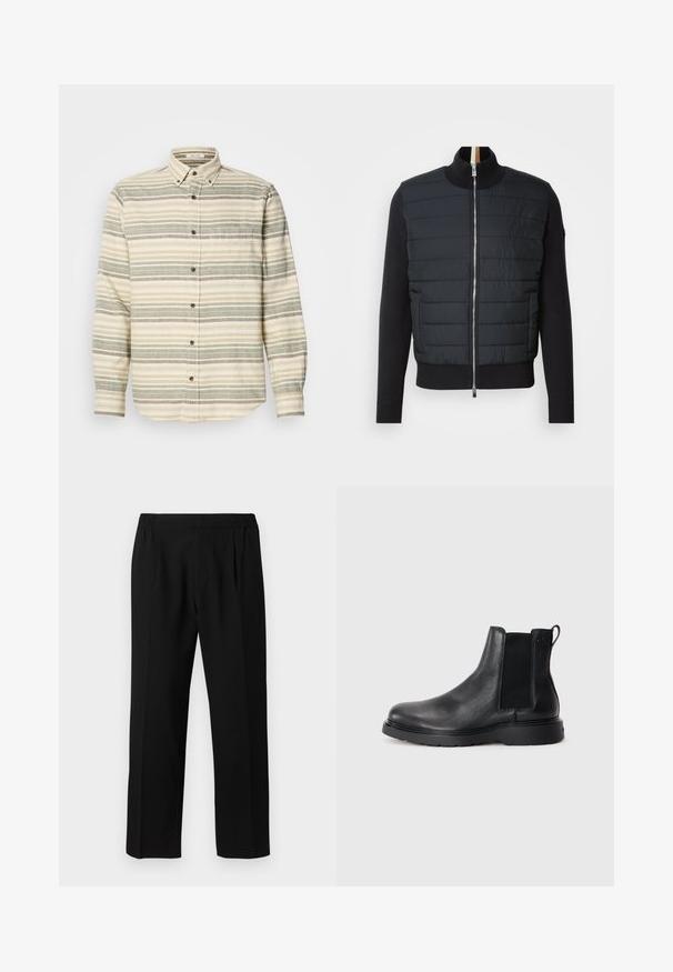 Chaqueta negra con un frente acolchado, cuello alto y cierre de cremallera. Fabricada con material aislante, presenta puños y dobladillo acanalados, con un diseño elegante.; Camisa de manga larga abotonada, beige con rayas verdes y grises. Presenta un bolsillo en el pecho y botones marrones. Hecha de tejido texturizado.; Pantalones negros hechos de una tela suave, con una cintura elástica, diseño de pierna recta y dos pliegues frontales para mayor detalle.; Botas Chelsea de cuero negro con acabado texturizado, paneles laterales elásticos y una suela de goma resistente. Marca sutil en el talón.