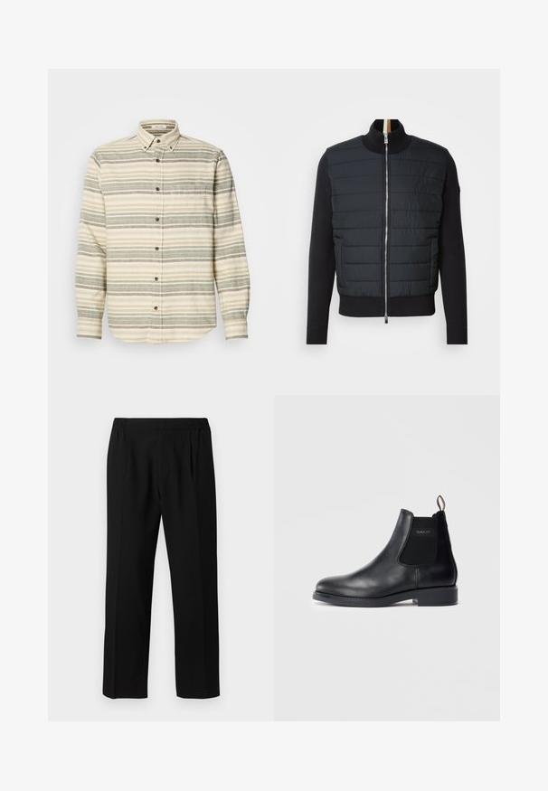 Chaqueta negra con un frente acolchado, cuello alto y cierre de cremallera. Fabricada con material aislante, presenta puños y dobladillo acanalados, con un diseño elegante.; Camisa de manga larga abotonada, beige con rayas verdes y grises. Presenta un bolsillo en el pecho y botones marrones. Hecha de tejido texturizado.; Pantalones negros hechos de una tela suave, con una cintura elástica, diseño de pierna recta y dos pliegues frontales para mayor detalle.; Botín Chelsea de cuero negro con paneles laterales elásticos, tacón bajo, tira en el talón y logotipo de GANT en el panel lateral exterior.