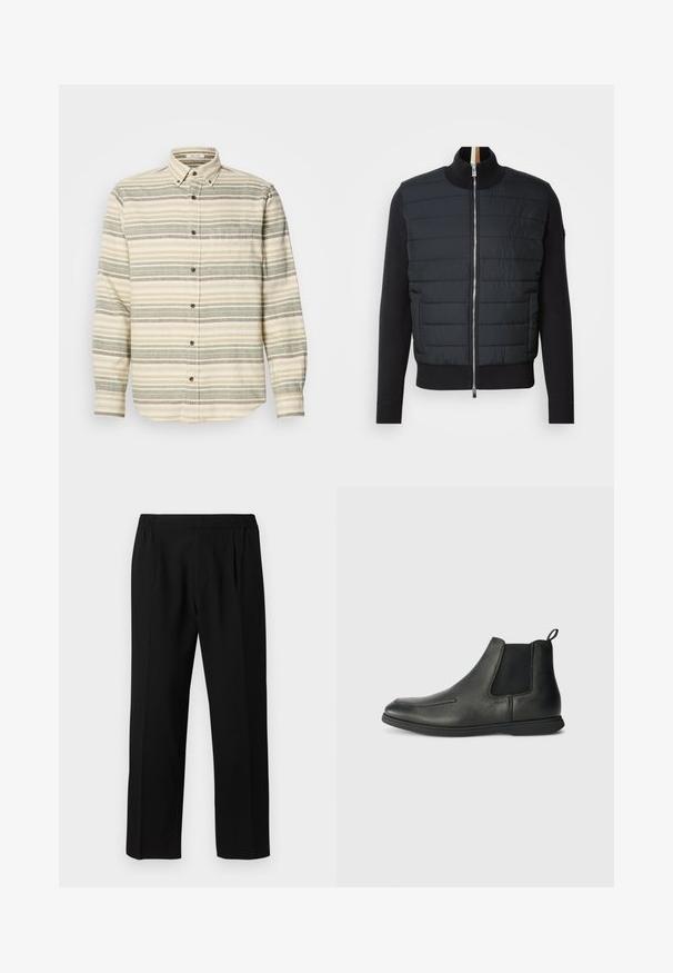 Giacca nera con parte anteriore imbottita, colletto alto e chiusura con zip. Realizzata in materiale isolante con polsini e orlo a coste, presenta un design elegante.; Camicia a maniche lunghe con bottoni, beige con strisce verdi e grigie. Presenta una tasca sul petto e bottoni marroni. Realizzata in tessuto testurizzato.; Pantaloni neri realizzati in un tessuto morbido, con vita elastica, design a gamba dritta e due pieghe frontali per un tocco di dettaglio.; Stivaletti in pelle nera con una texture liscia, pannelli laterali elastici e una linguetta sul retro. Punta rotonda e suola in gomma.