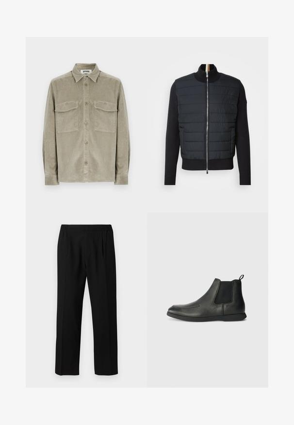 Giacca nera con parte anteriore imbottita, colletto alto e chiusura con zip. Realizzata in materiale isolante con polsini e orlo a coste, presenta un design elegante.; Camicia di velluto a coste verde oliva con maniche lunghe, chiusura frontale con bottoni e due tasche sul petto. Tessuto morbido con design a colletto classico.; Pantaloni neri realizzati in un tessuto morbido, con vita elastica, design a gamba dritta e due pieghe frontali per un tocco di dettaglio.; Stivaletti in pelle nera con una texture liscia, pannelli laterali elastici e una linguetta sul retro. Punta rotonda e suola in gomma.