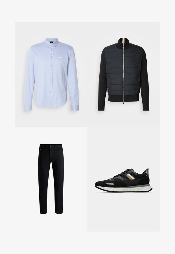 Jachetă neagră cu partea din față matlasată, guler înalt și închidere prin fermoar. Fabricată din material izolat, cu manșete și tiv cu nervuri, având un design elegant.; Cămașă albastru deschis cu mânecă lungă și guler ascuțit, cu un logo alb pe piept și țesătură texturată. Croială standard și tiv curbat.; Jeans negri slim-fit cu cinci buzunare, închidere cu nasture și bucle pentru curea, expuși pe un fundal alb.; Adidași de alergare negri cu o suprafață texturată, accente gri aprins și trei dungi orizontale maro. Dispun de o talpă albă pufoasă.