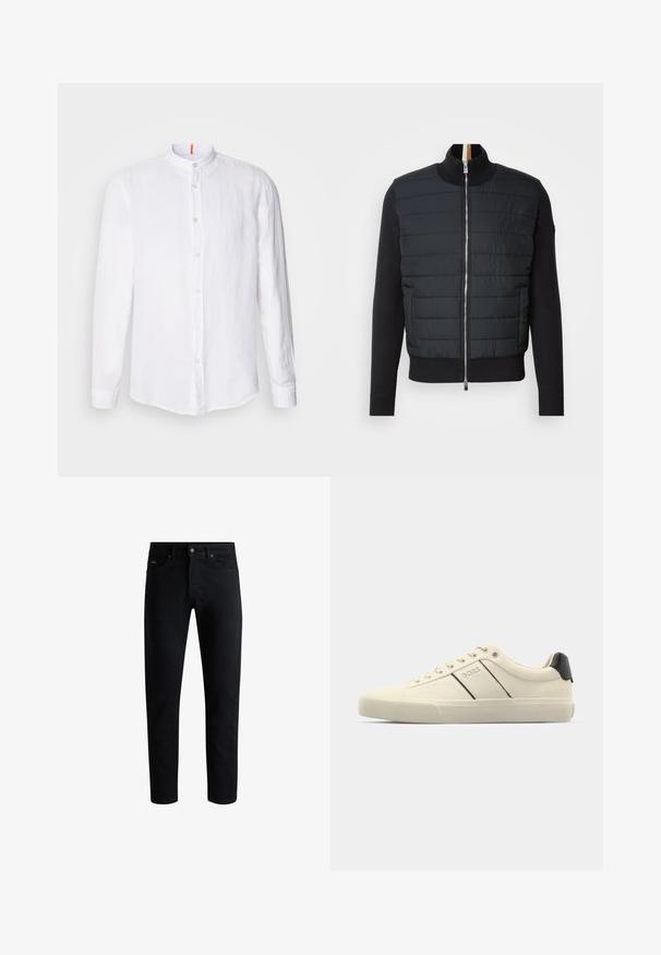 Zwarte jas met een gewatteerde voorkant, hoge kraag en ritssluiting. Gemaakt van geïsoleerd materiaal met ribgebreide manchetten en zoom, en heeft een slank ontwerp.; Witte linnen shirt met een Mandarin-kraag, knoopsluiting aan de voorkant, lange mouwen en een subtiele textuur. Opvallende oranje accent op de kraag.; Zwarte slim-fit jeans met vijf zakken, knoopsluiting en riemlussen, tegen een witte achtergrond gepresenteerd.; Crème-kleurige sneakers met een gladde textuur, voorzien van zwarte accenten en branding. Tijdloos vetersysteem met een ronde neus en rubberen zool.