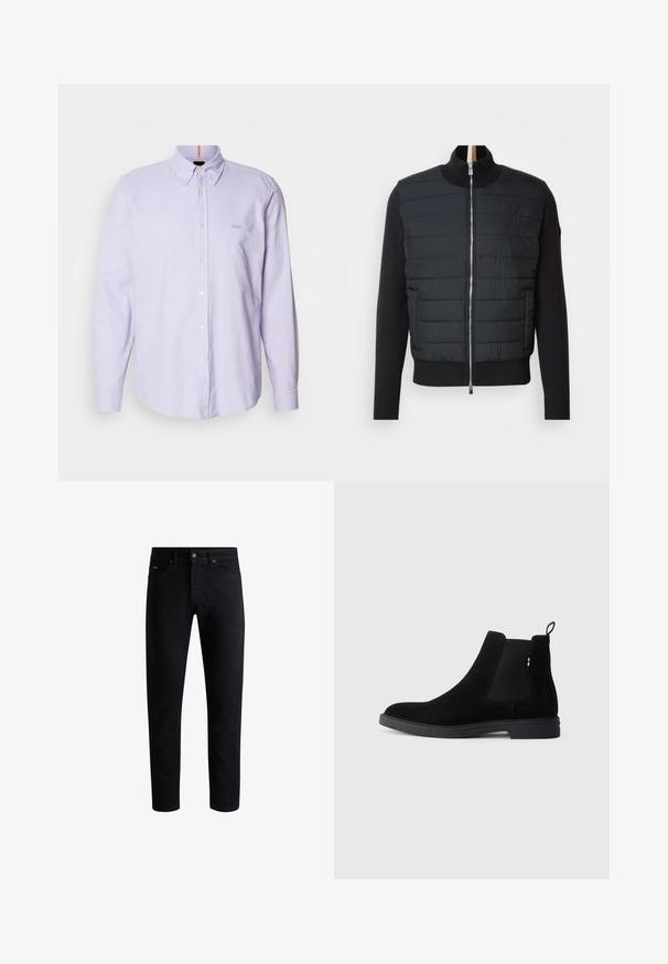 Zwarte jas met een gewatteerde voorkant, hoge kraag en ritssluiting. Gemaakt van geïsoleerd materiaal met ribgebreide manchetten en zoom, en heeft een slank ontwerp.; Lichtpaarse overhemden met lange mouwen, een kraag en subtiele branding op de borst, met een gladde textuur en witte knopen.; Zwarte slim-fit jeans met vijf zakken, knoopsluiting en riemlussen, tegen een witte achtergrond gepresenteerd.; Zwarte suède Chelsea laarzen met elastische zijpanelen, ronde neus en een lage rubberen zool. Beschikt over een trekband aan de achterkant voor eenvoudig aan- en uittrekken.